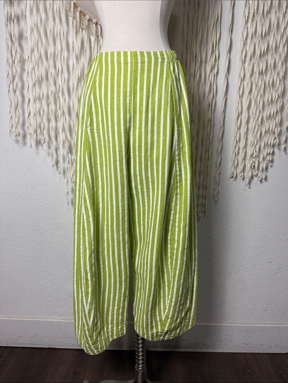 Banana Blue 100% Linen Mini Stripe Art to Wear Pants in Green and Ivory XS
